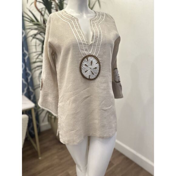Tops - BARBARA GERWIT Linen Blouse Top S/M Tunic‎ Beaded Shirt Sand Dollar Ivory Beach